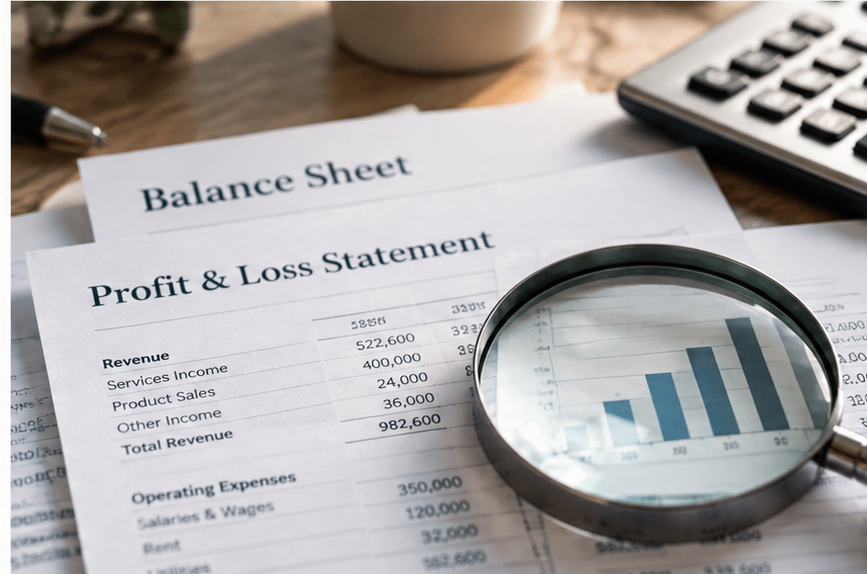 Balance Sheet and Profit & Loss Statement examined with a magnifying glass