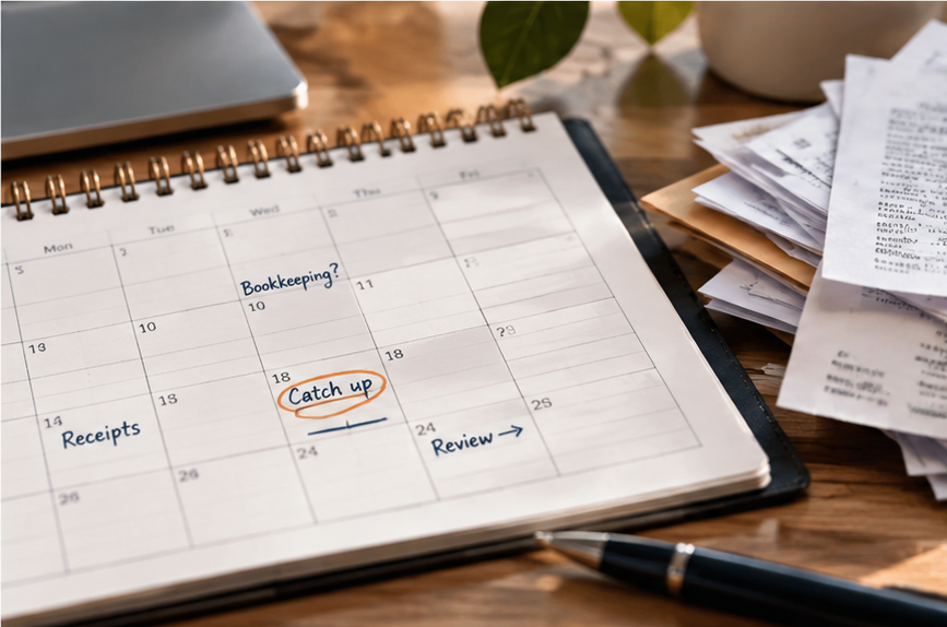 Desk calendar with bookkeeping reminders beside receipts and paperwork