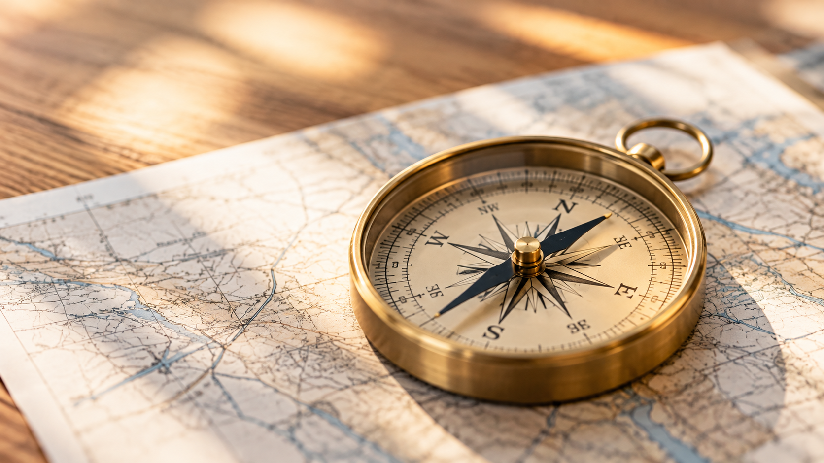 Brass compass on a map