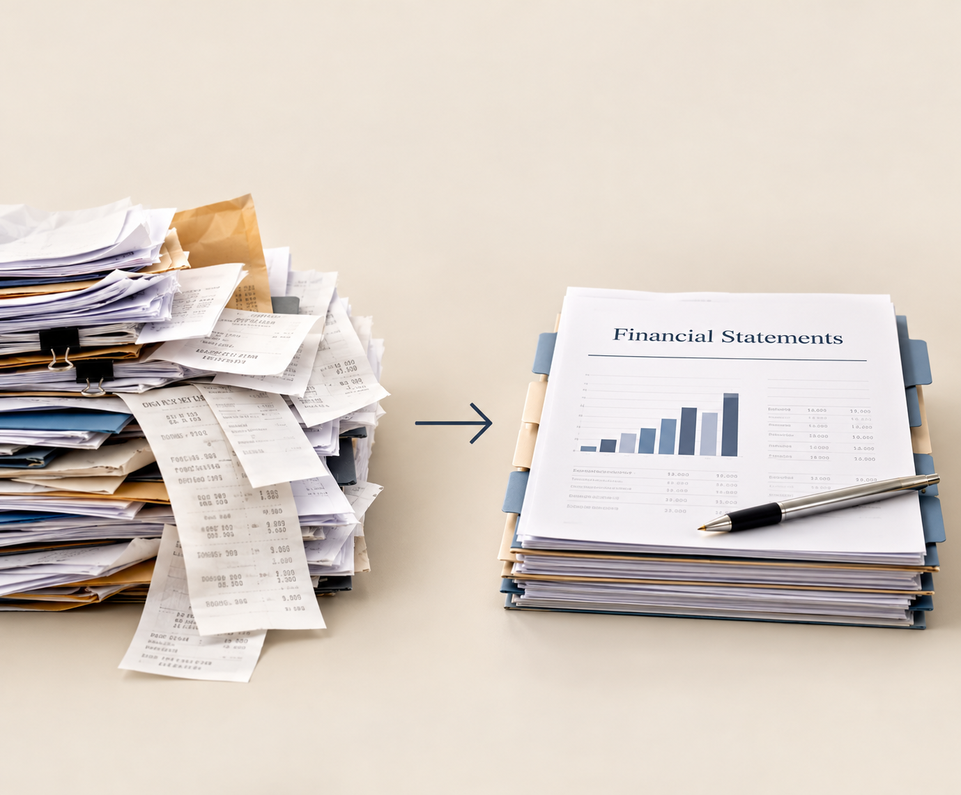 Disorganized paperwork transitions through an arrow into organized financial statements